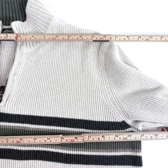 Eddie Bauer Quarter Zip Sweater Cream Striped Ribbed Knit Mens Large Pullover - Picture 8 of 9